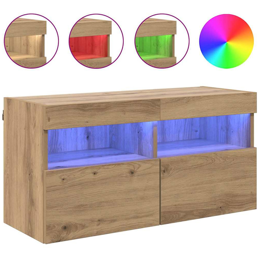 vidaXL 2 Door 2 Shelf Artisan Oak Wall Mounted TV Cabinet with LED Light Image 4