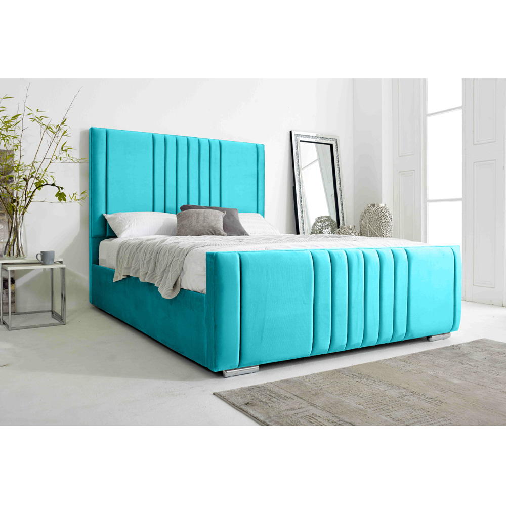 Eleganza Home Willard Small Double Teal Plush Velvet Bed Frame with Headboard Image 2