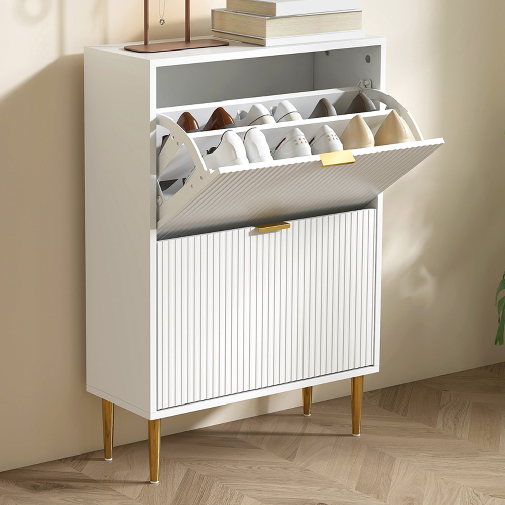 HOMCOM 2 Flip Drawer White Slim Shoe Storage Cabinet Image 1
