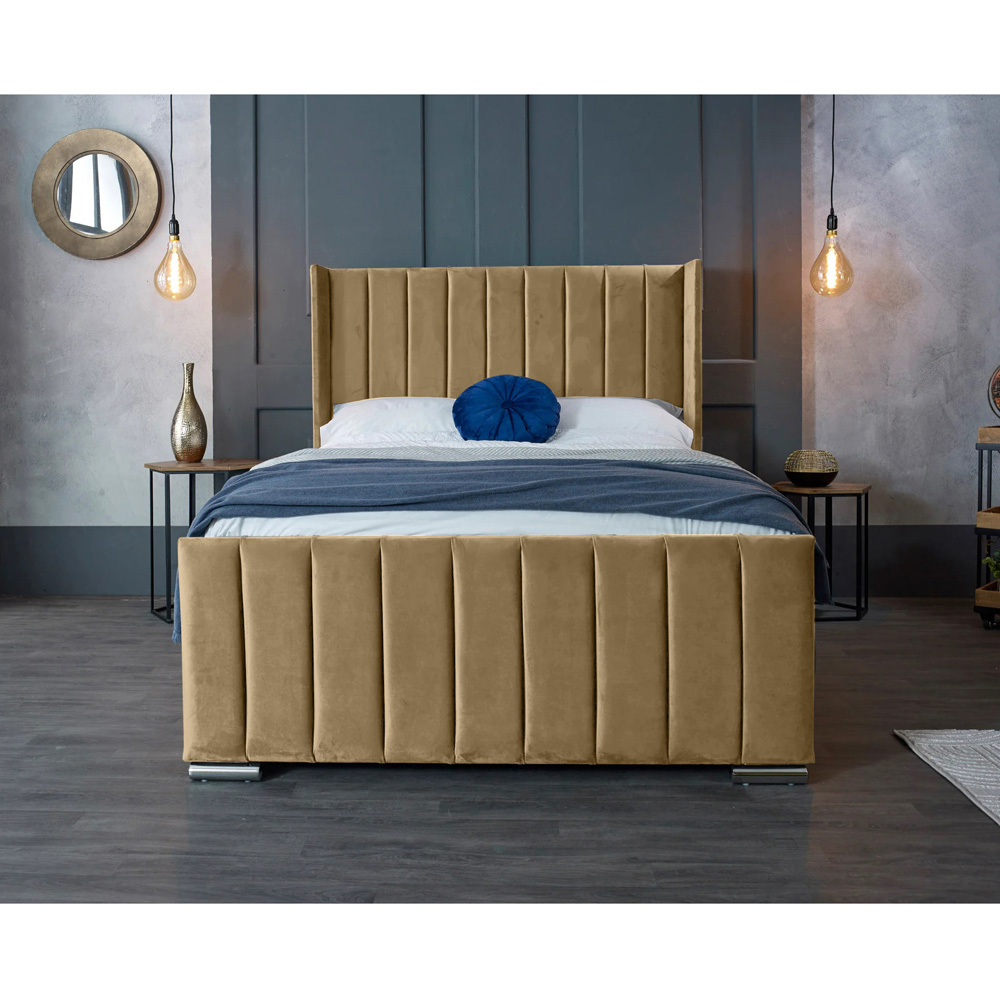 Eleganza Home Meriso King Size Beige Plush Velvet Bed Frame with Winged Headboard Image 4