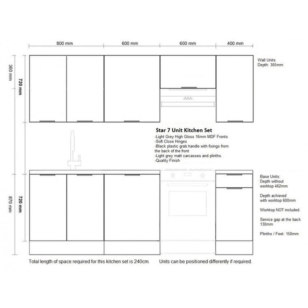 Impact Furniture Star Light Grey Gloss Kitchen Cabinet Unit Set of 7 Image 9