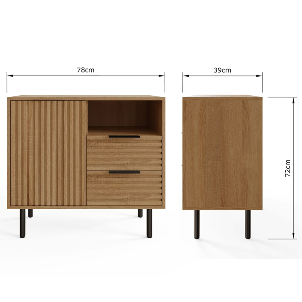 GFW Nervata Single Door 2 Drawer Single Shelf Oak and Black Ribbed Compact Sideboard Image 9