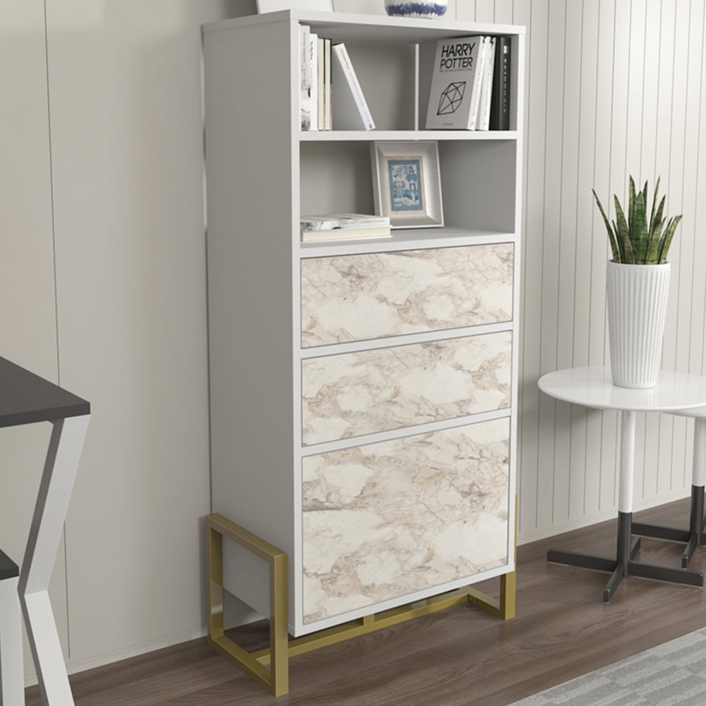 Decorotika Utopie 3 Door 2 Shelf White and White Marble Effect Modern Bookshelf Image 1