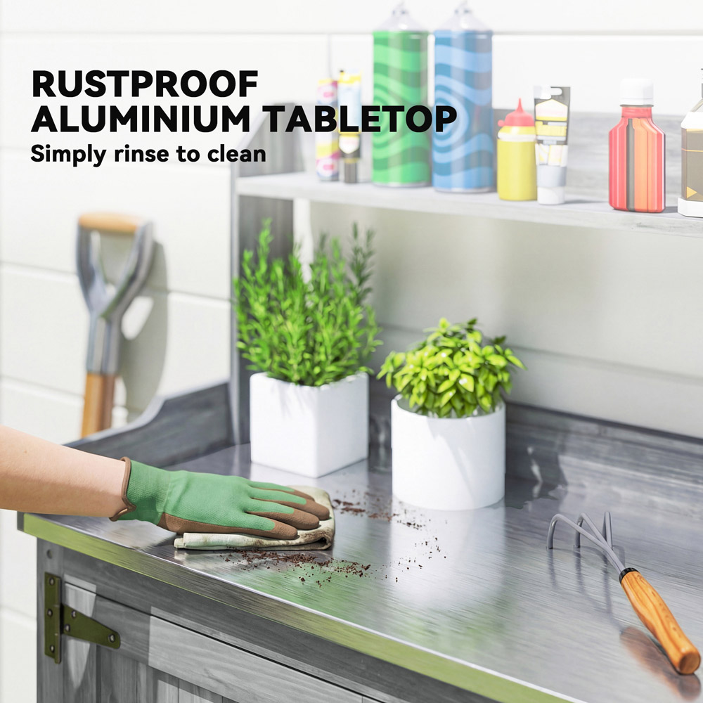 Outsunny Wooden Potting Bench Table with Aluminium Worktop and Top Shelf Image 5