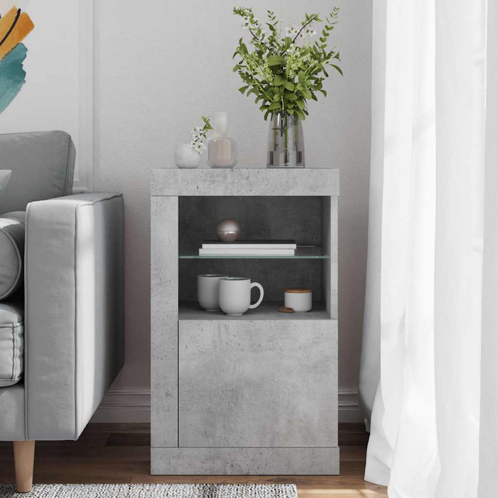 vidaXL Single Door 2 Shelf Concrete Grey Side Cabinet with LED Lights Image 3