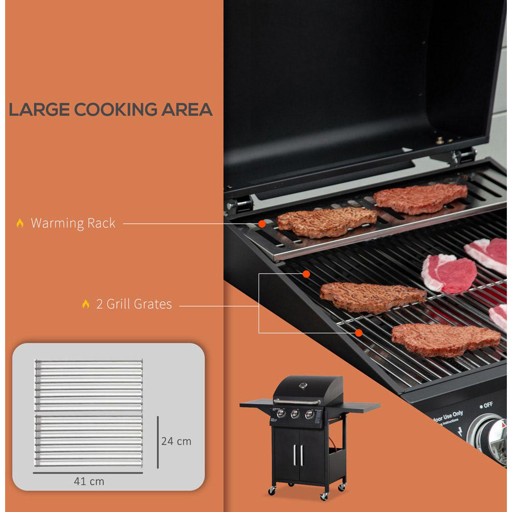 Outsunny Black 3 Burner Gas BBQ Grill with Side Shelves Image 4