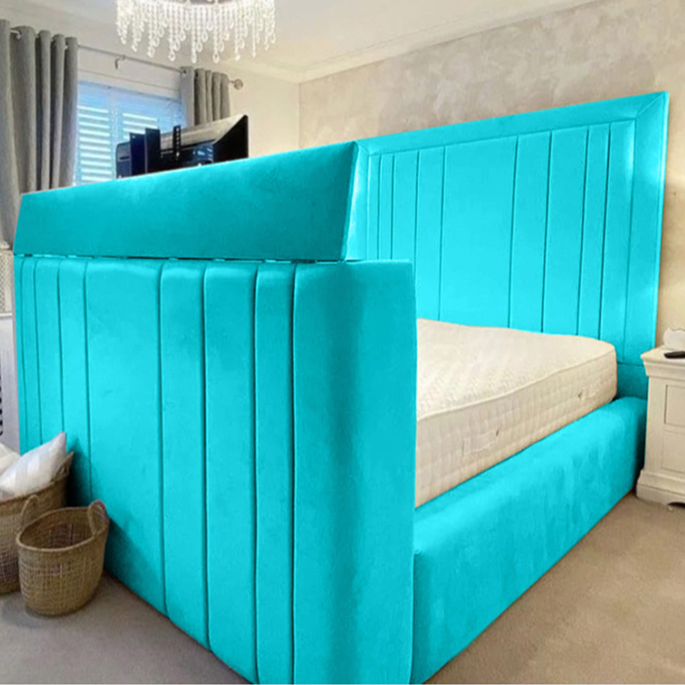 Eleganza Home Genna Super King Size Teal Plush Velvet TV Bed Frame with Lined Headboard Image 1