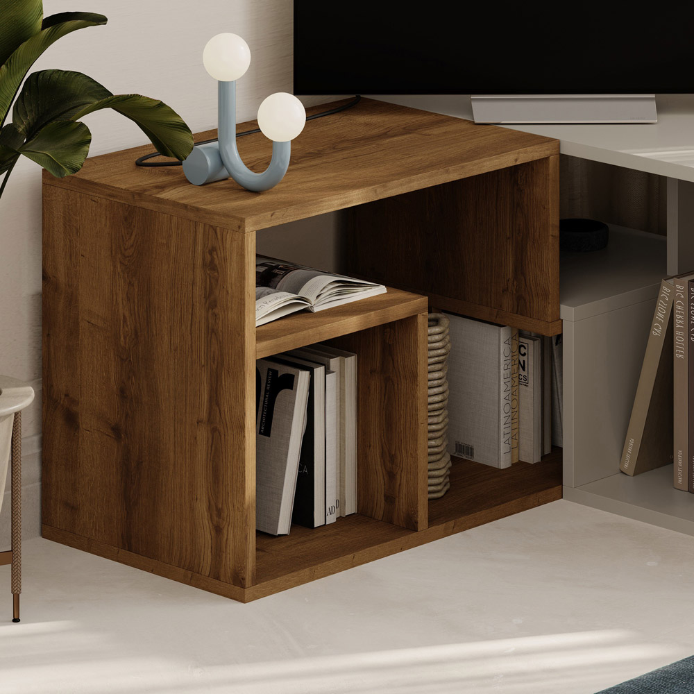 Decortie Glis 6 Shelf Dark Oak and Sandstone Modern Adjustable Corner TV Unit Image 3