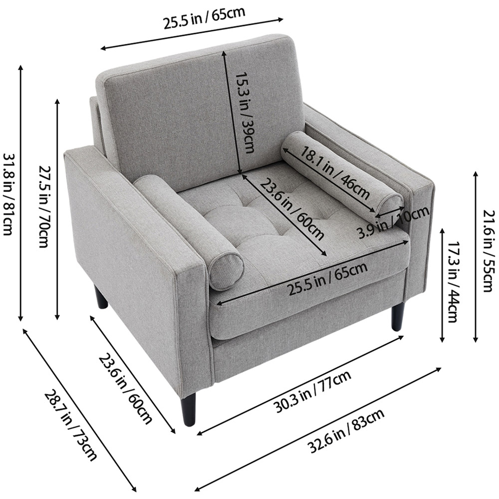 Living and Home Grey Linen Mid-Century Armchair with Armrest Pillows Image 9