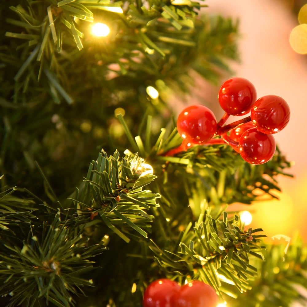 Everglow Warm White LED Pre-Lit Pencil Green Artificial Christmas Tree with Red Berries 5ft Image 3