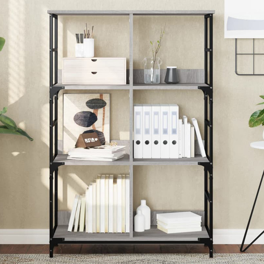 vidaXL 6 Shelf Grey Sonoma and Black Wood and Steel Wide Bookcase Image 1