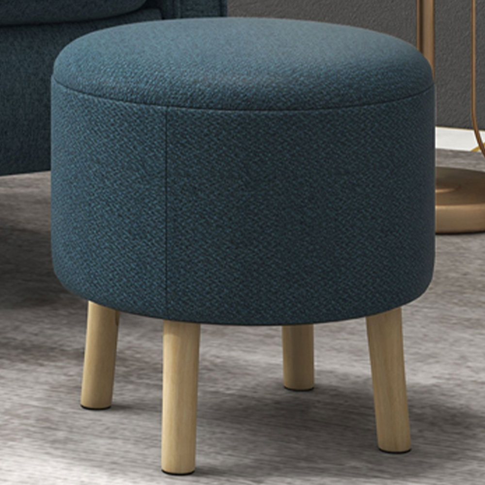 Portland Blue Round Linen Upholstered Ottoman Stool with Storage Image 1