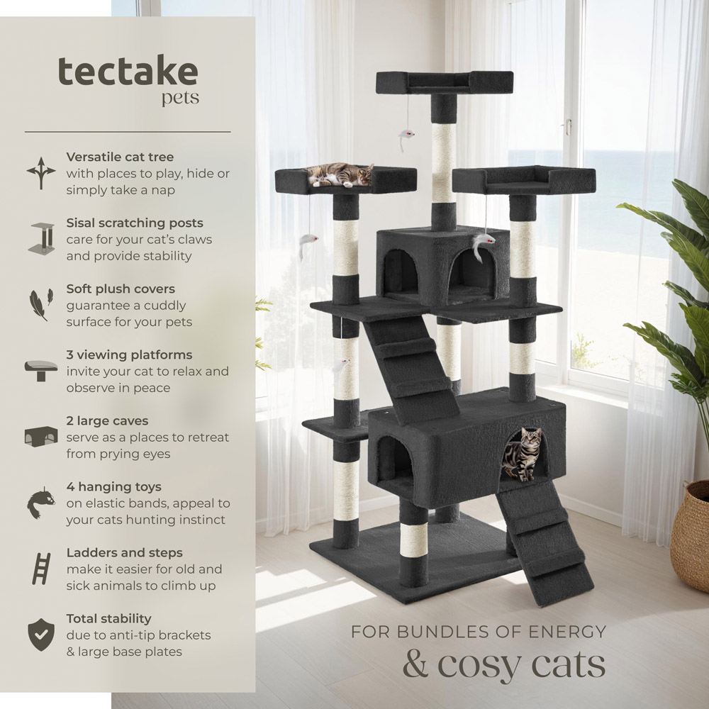 tectake Barney Black Cat Tree with Scratching Posts 170cm Image 6