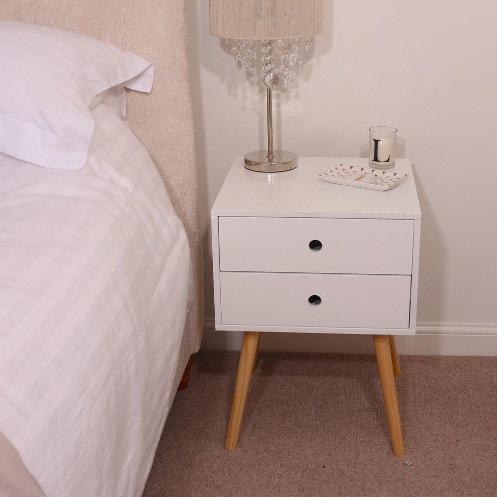 Scandia 2 Drawer White Wooden Legs Bedside Table Image 5