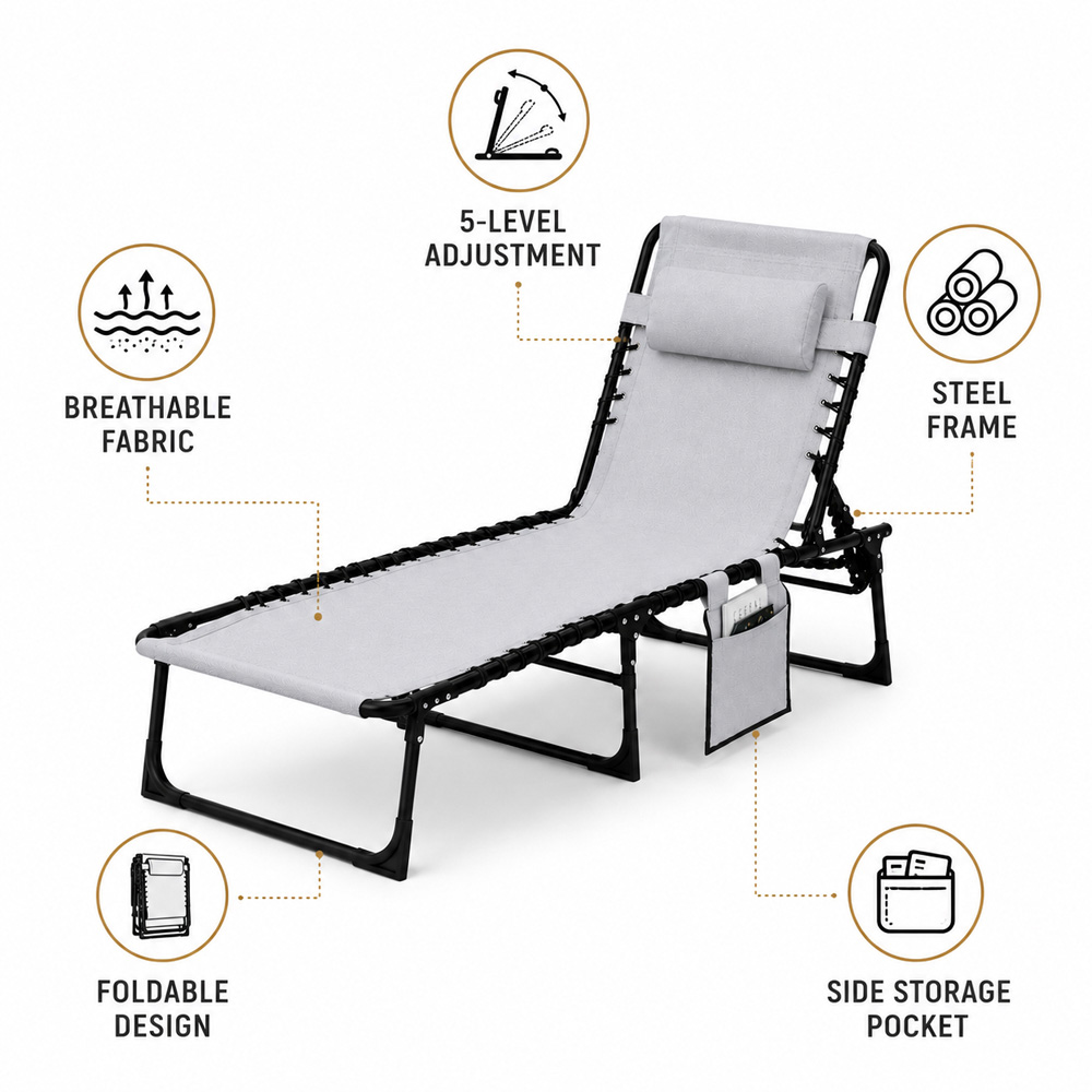 Shatchi Grey Foldable Sun Lounger with Adjustable Backrest Image 8