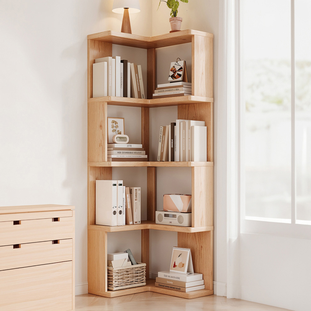 Living and Home 5 Shelf Natural Wooden L-Shaped Corner Bookshelf Image 7