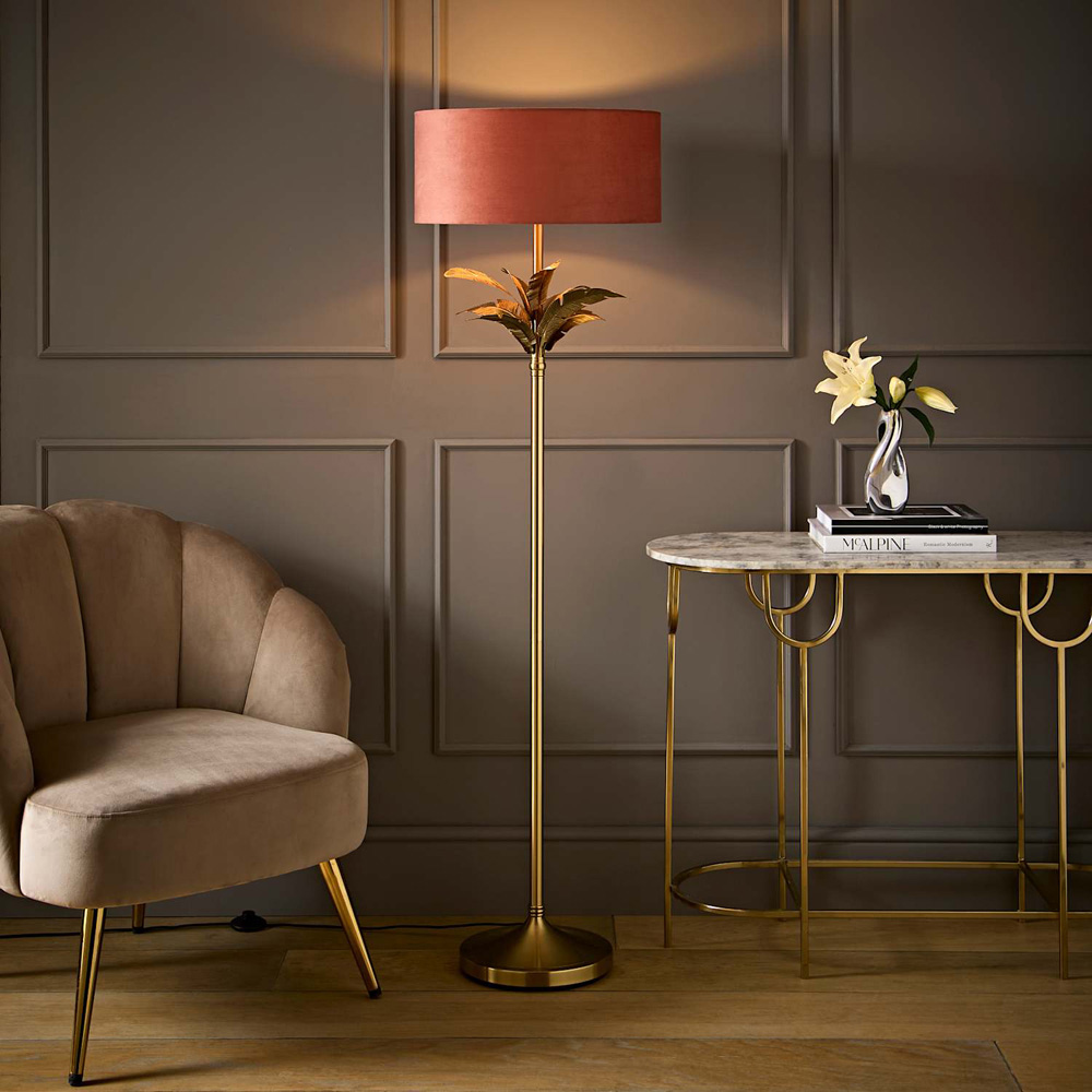 ValueLights Christina Pink Velvet Squat Shade Gold Leaves Floor Lamp with Bulb Image 6