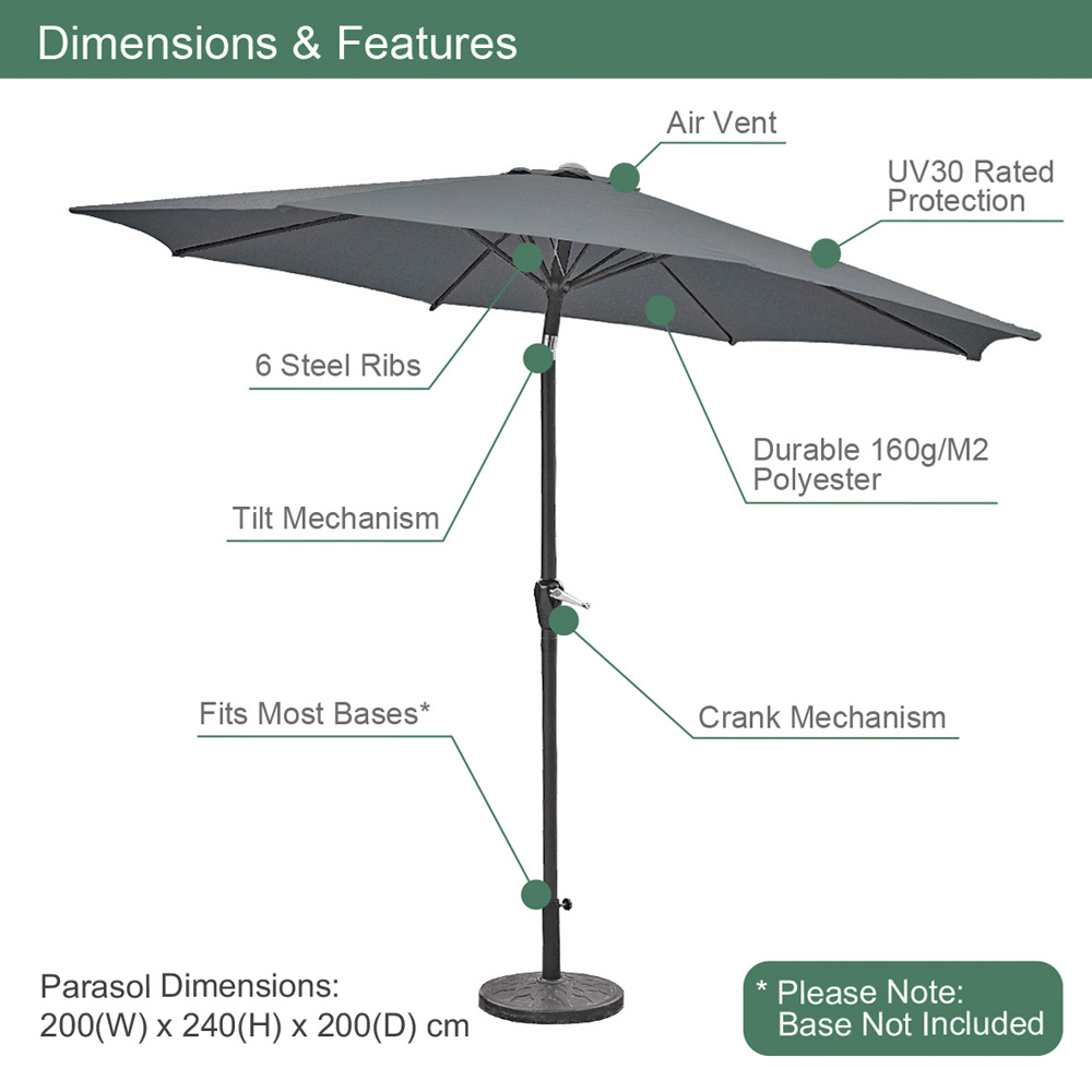 GardenKraft Charcoal 6 Ribs Crank and Tilt Parasol 2m Image 9
