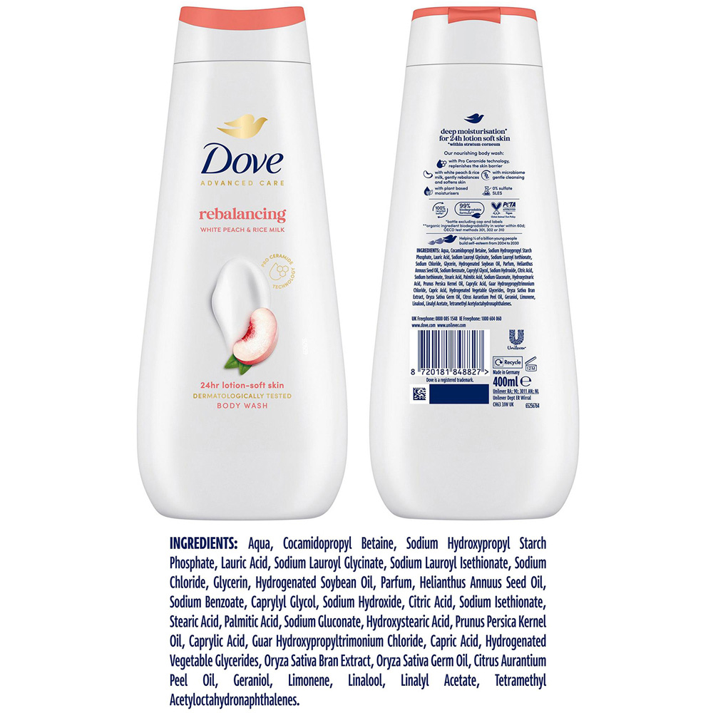 Dove Advanced Care Rebalancing Peach and Rice Milk Moisturising Body Wash 400ml 6 Pack Image 9