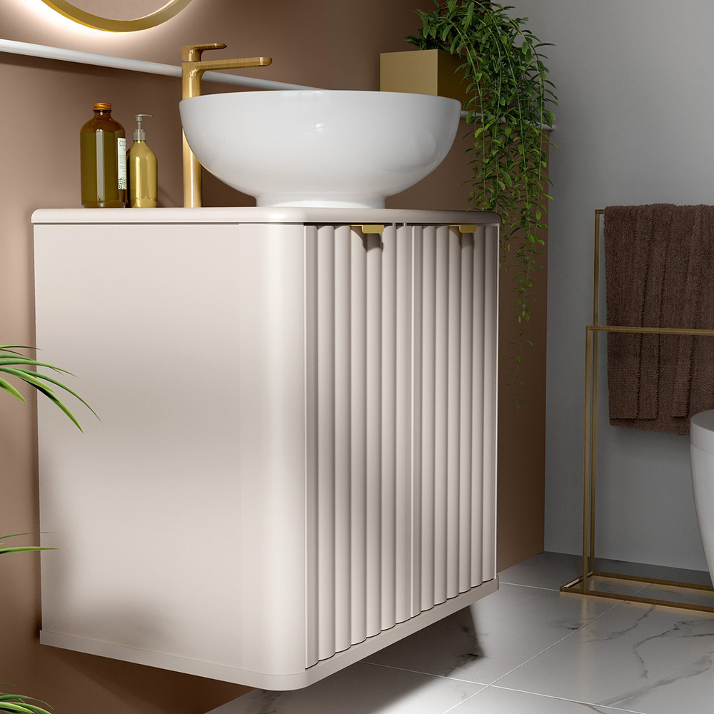 Impact Furniture Oren 2 Door Cashmere Beige Fluted Wall Hung Under Sink Vanity Unit with Basin 600mm Image 2