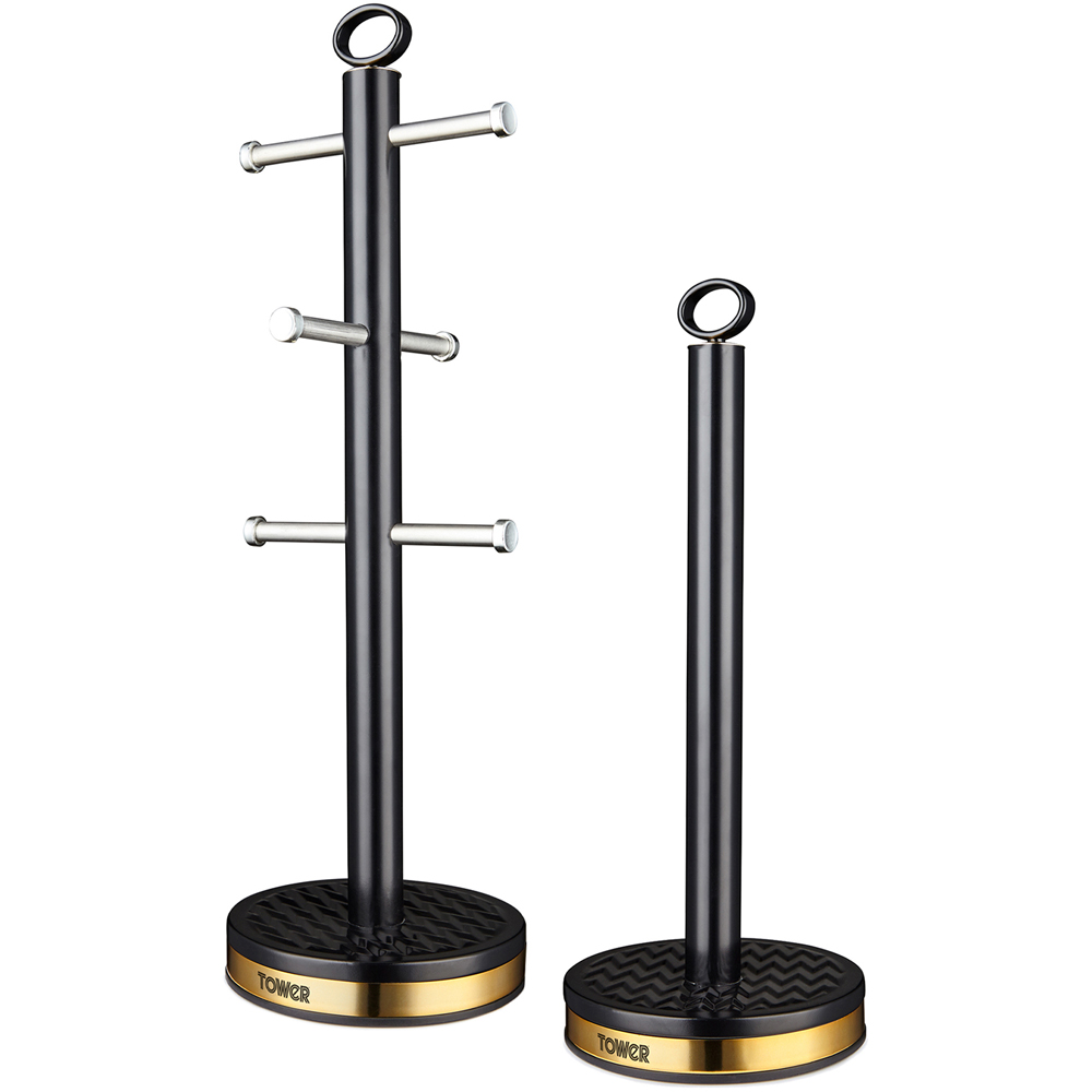 Tower Empire 6 Cup Black Mug Tree and Kitchen Towel Roll Holder Image 1