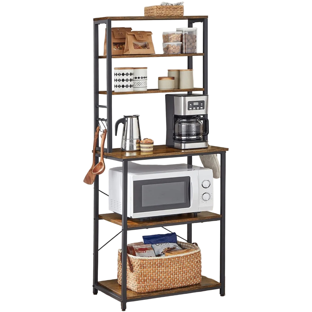Modcraft 6 Shelf Black and Rustic Brown Adjustable Industrial Kitchen Storage Rack with 6 Hooks Image 1