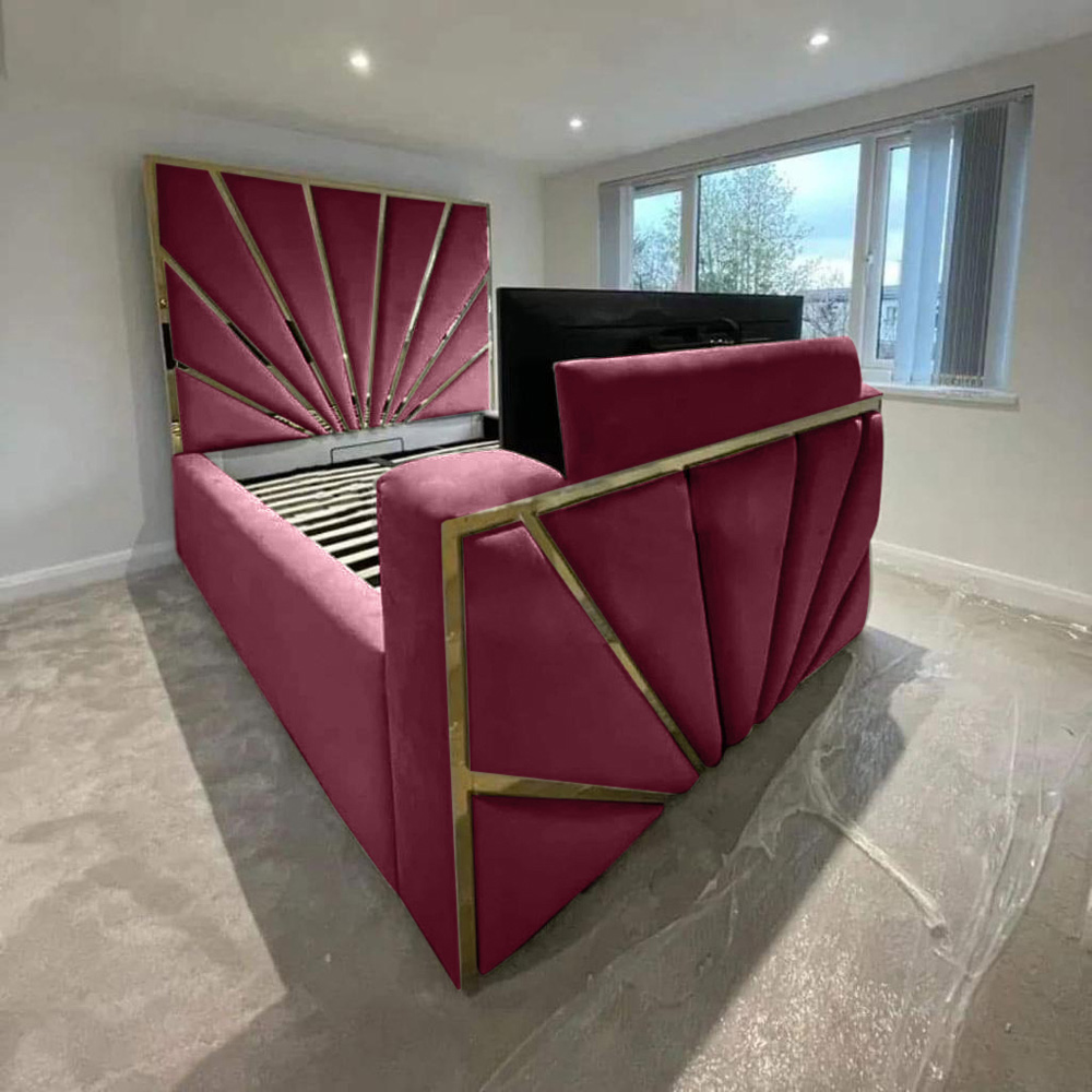 Eleganza Home Leniva Super King Size Maroon Plush TV Bed Frame with Headboard and Footboard Image 2