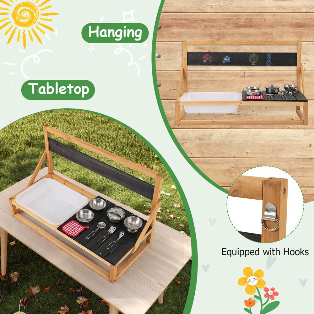 Costway Kids Natural Fir Wood Kitchen Play Set with Hanging Hooks and Blackboard Image 5