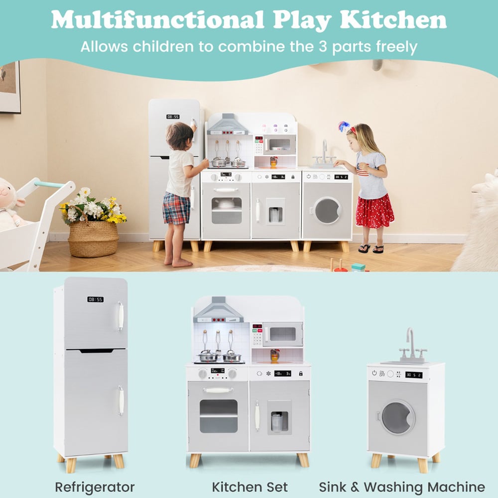 Costway Kids Grey Kitchen Play Set with Refrigerator and Washing Machine Image 6