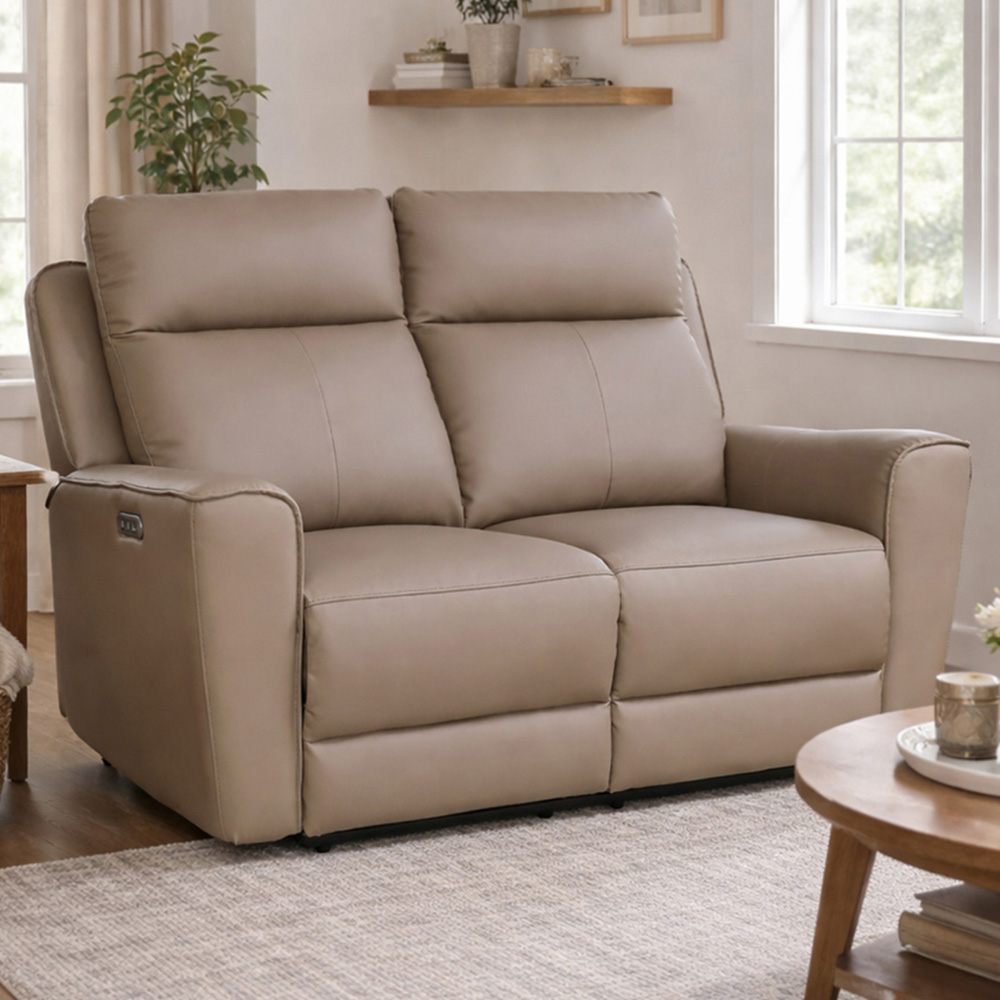 Aspire Elmhurst 2 Seater Mushroom Leather Power Recliner Sofa with USB and USB-C Charging Image 1