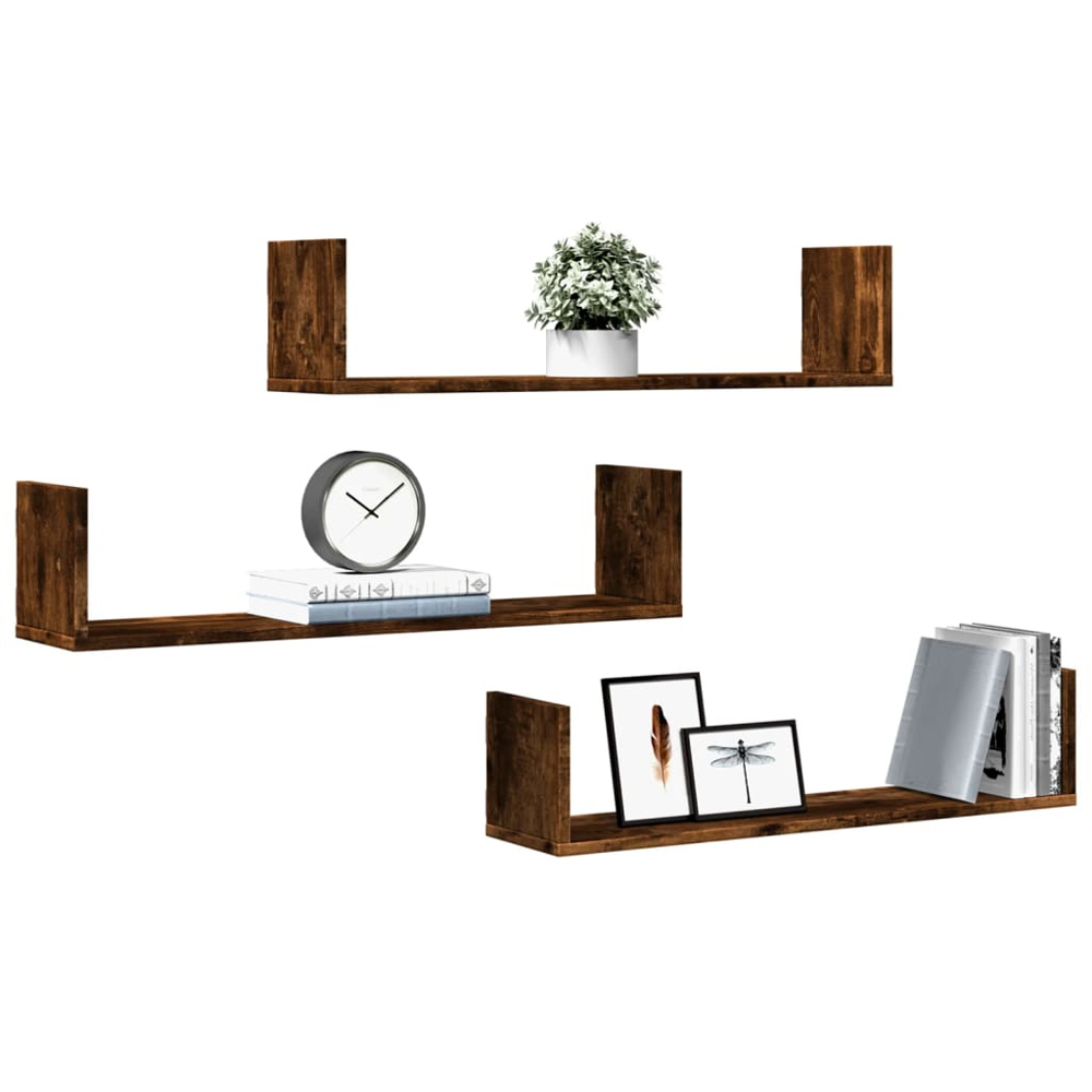 vidaXL 80cm Set of 3 Smoked Oak Floating Wall Shelf Image 2