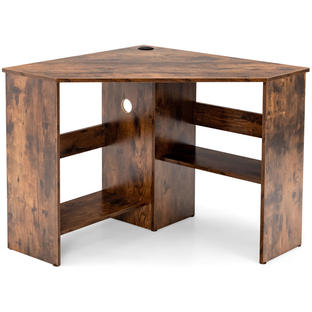 Costway Brown Triangle Corner Computer Desk with Open Shelf and Cable Holes Image 2