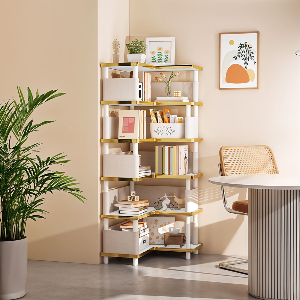 Living and Home 6 Shelf White and Blue L-Shaped Corner Bookcase Image 7