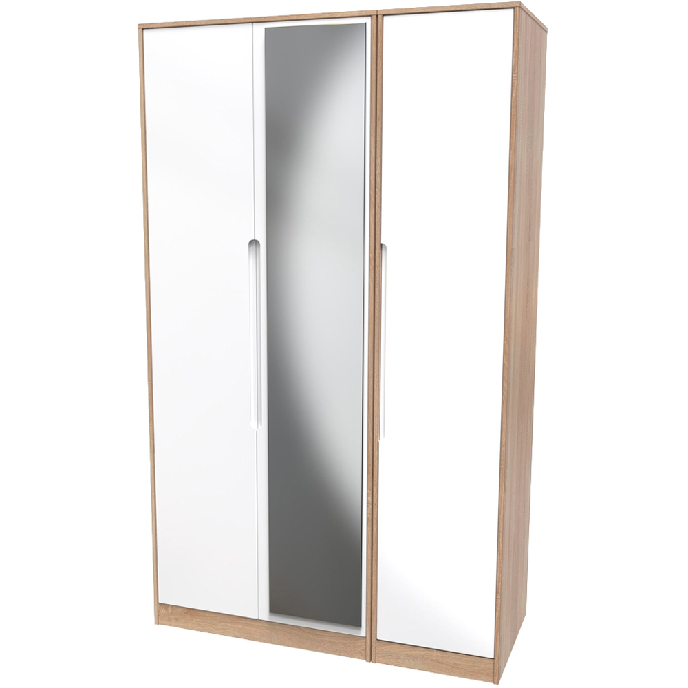 Crowndale Monaco 3 Door White Gloss and Bardolino Oak Tall Mirror Wardrobe Ready Assembled Image 3