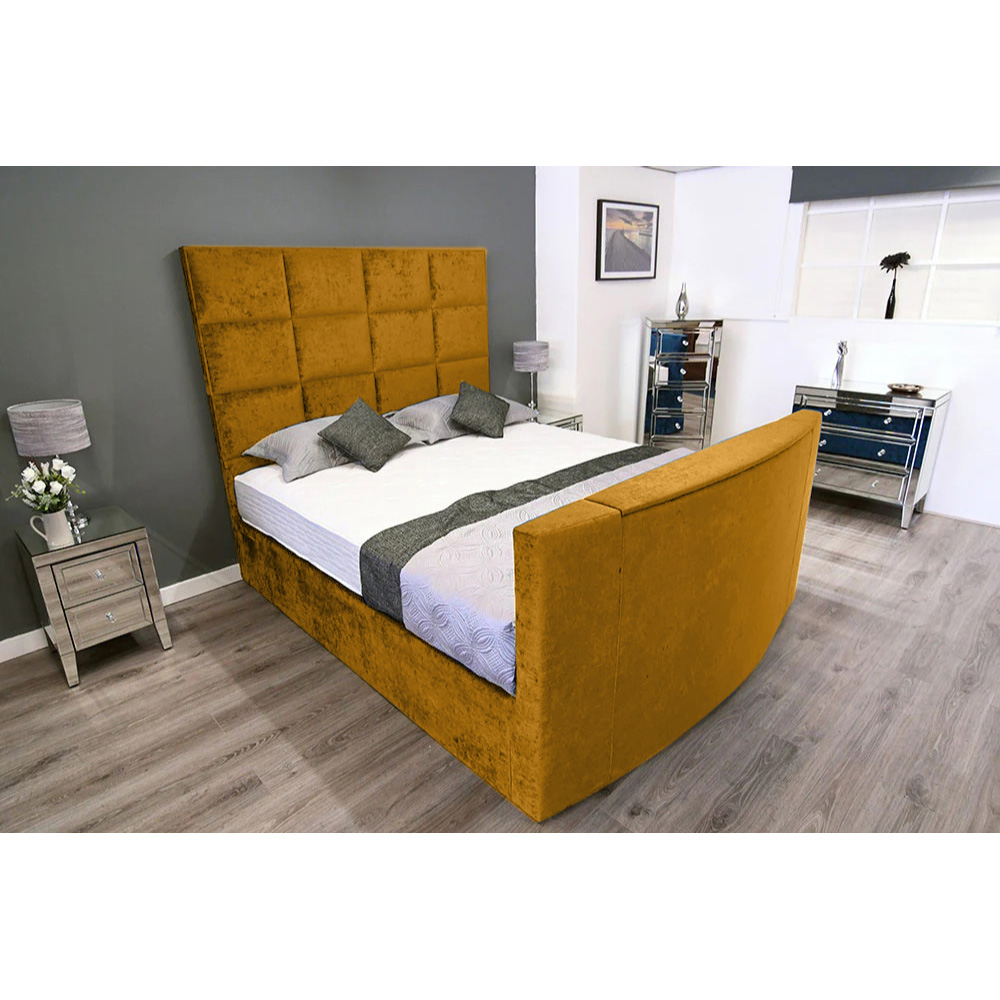 Eleganza Home Lurvi King Size Mustard Plush TV Bed Frame with Headboard and Footboard Image 3