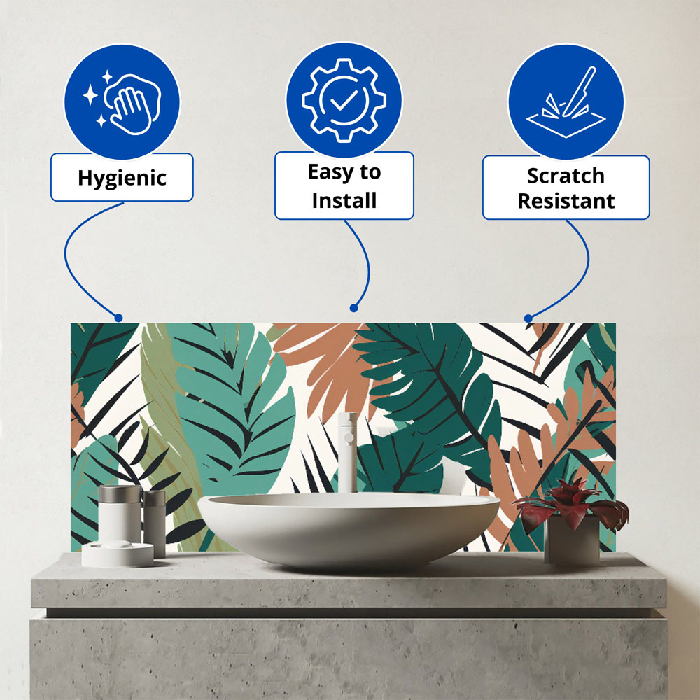 Warren Reed Designer Tropical Floral Leaves Green Brown Glass Bathroom Splashback 25 x 60cm Image 3