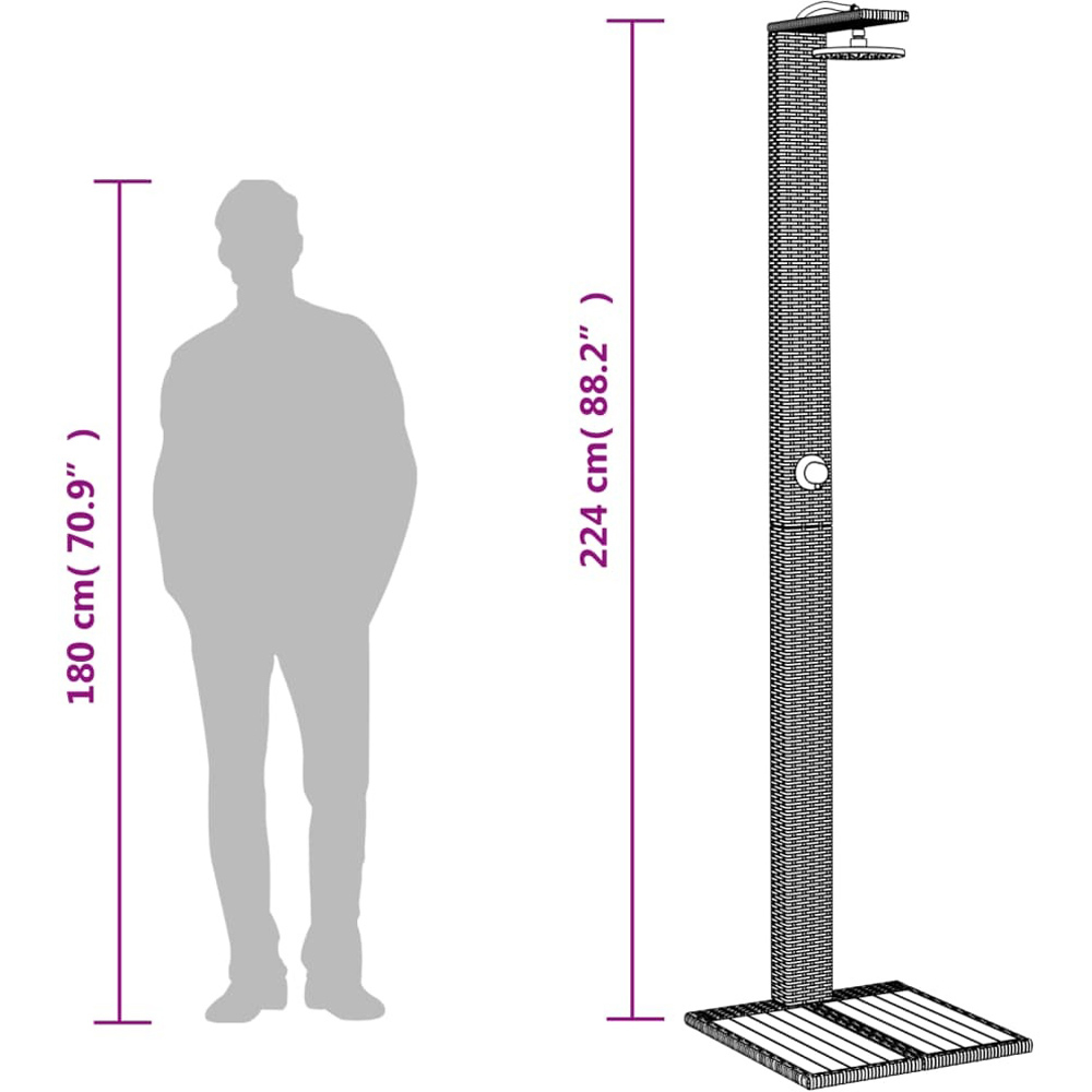 Wallplus Grey Poly Rattan and Acacia Wood Outdoor Shower with PVC Hose and Alloy Handle 224cm Image 8