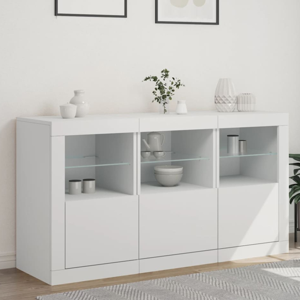 vidaXL 3 Door 6 Shelf White LED Sideboard Set of 3 Image 1