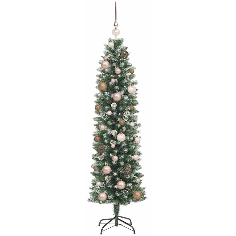 vidaXL Pre-Lit Rose Gold Bauble Pinecones Green Snow Flocked Artificial Pencil Christmas Tree 5ft Image 2