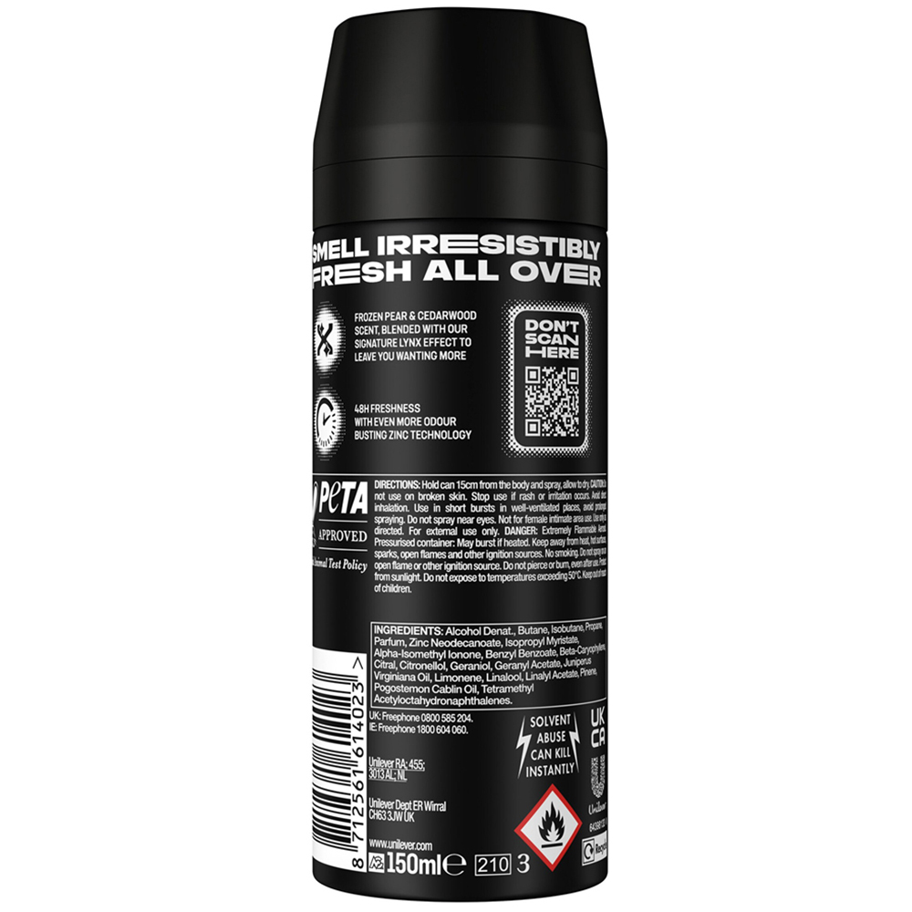 Lynx Black Frozen Pear and Cedarwood 48H Protection Deodorant Body Spray 150ml 12 Pack Image 3