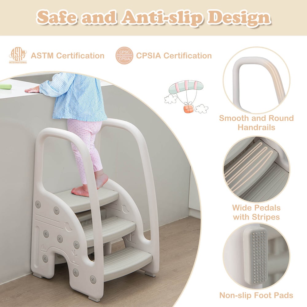 Costway Grey Dual Height Kids Learning Step Stool with Safety Handles Image 8