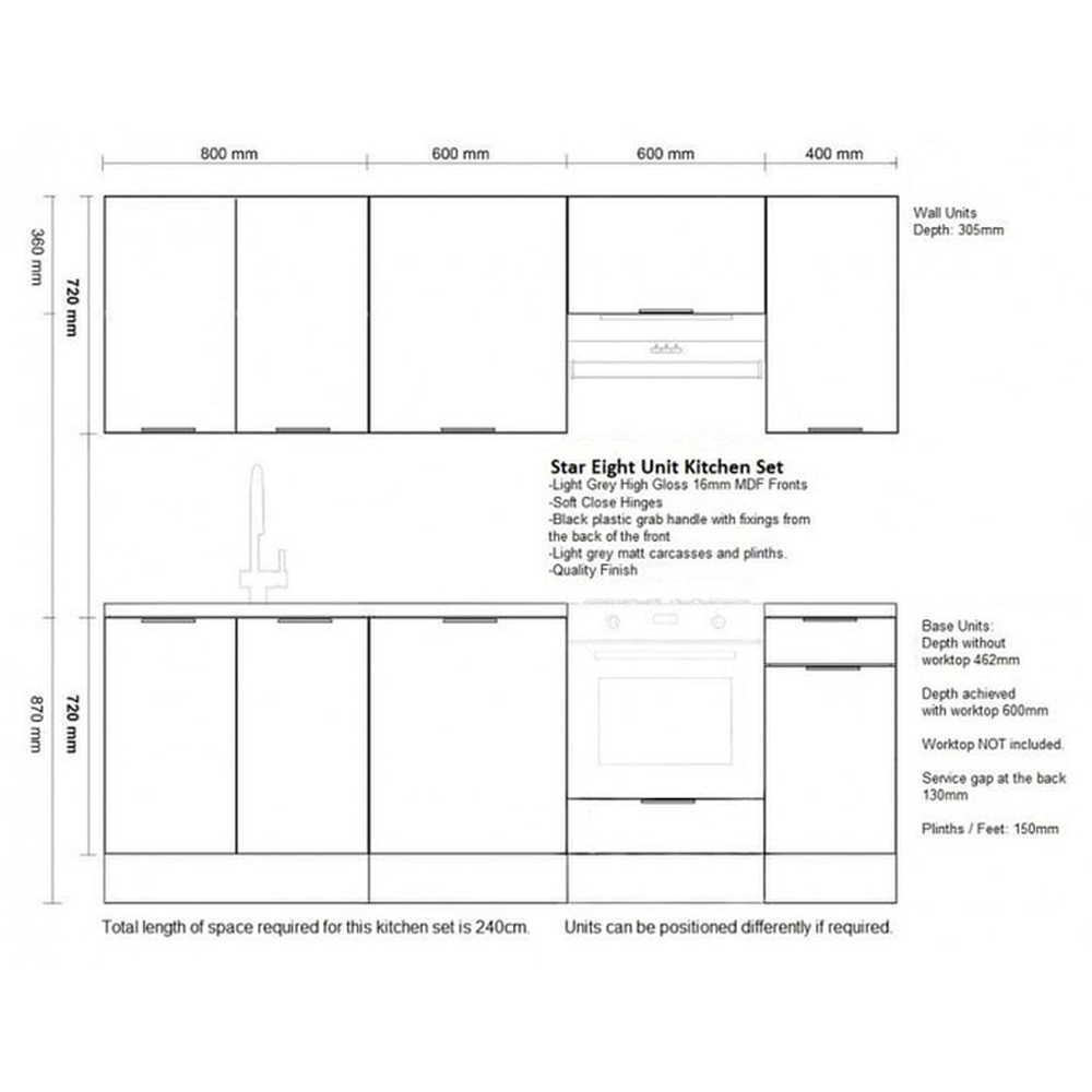 Impact Furniture Star Light Grey Gloss Kitchen Cabinet Unit Set of 8 Image 9
