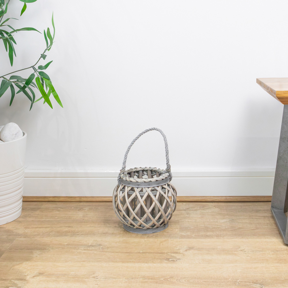 JVL Luna Grey Wash Natural Willow Wood Round Lantern with Braided Rope Handle Image 2