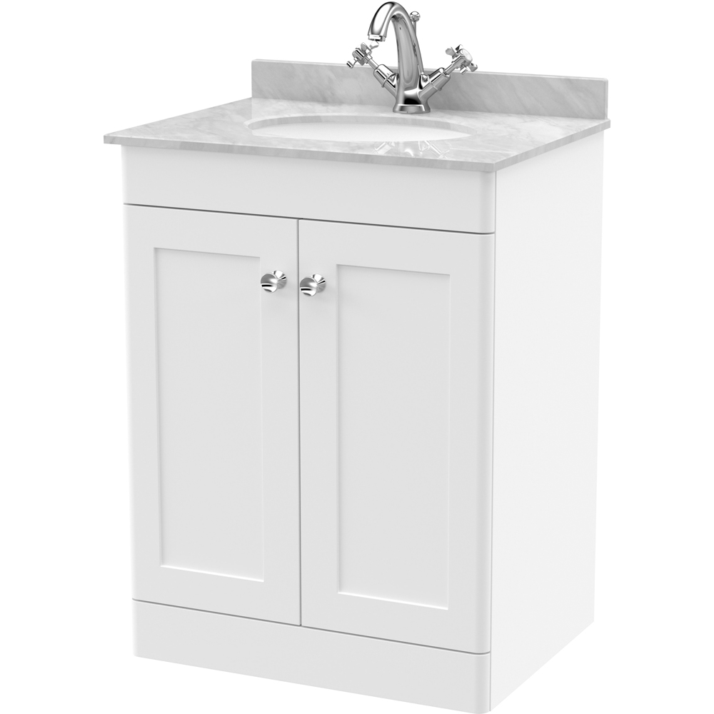 nuie Classique 2 Door Satin White Floor Standing Unit and 1 Tap Hole Marble Top Oval Basin 600mm Image 1