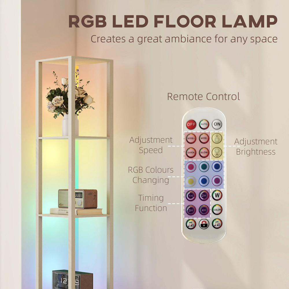 HOMCOM 4 Shelf Oak RGB LED Floor Lamp with Remote Image 8