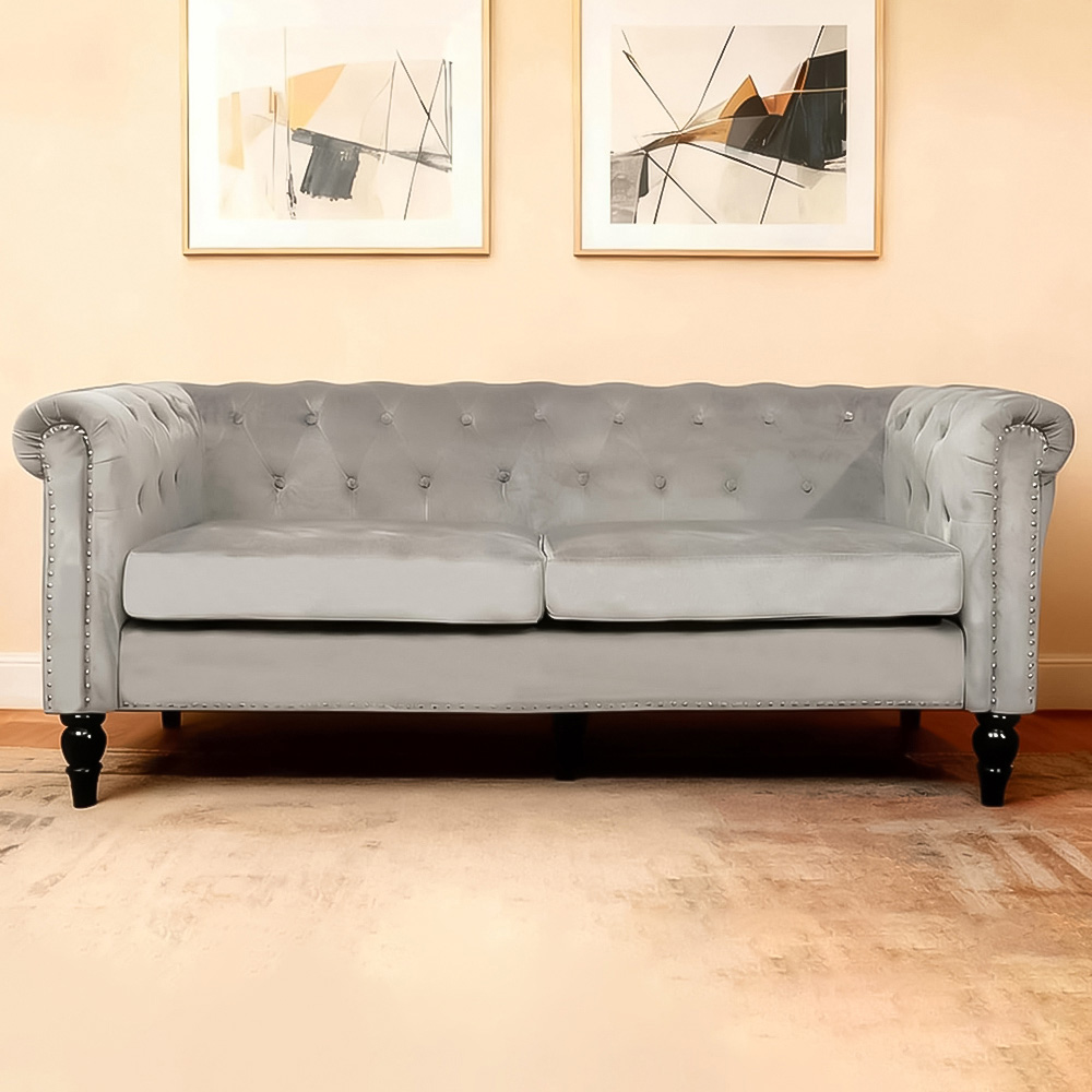 Alivio 2 Seater Grey Solid Wood Nailhead Trim Button Tufted Sofa Image 1