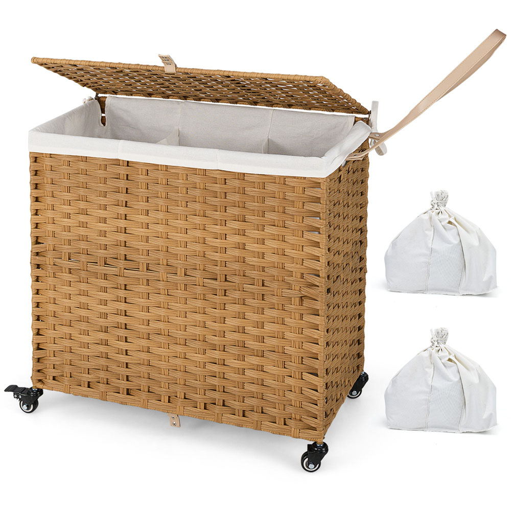 Costway Natural 2 Bags Handwoven Rattan Laundry Hamper with Lid and Wheels 125L Image 3