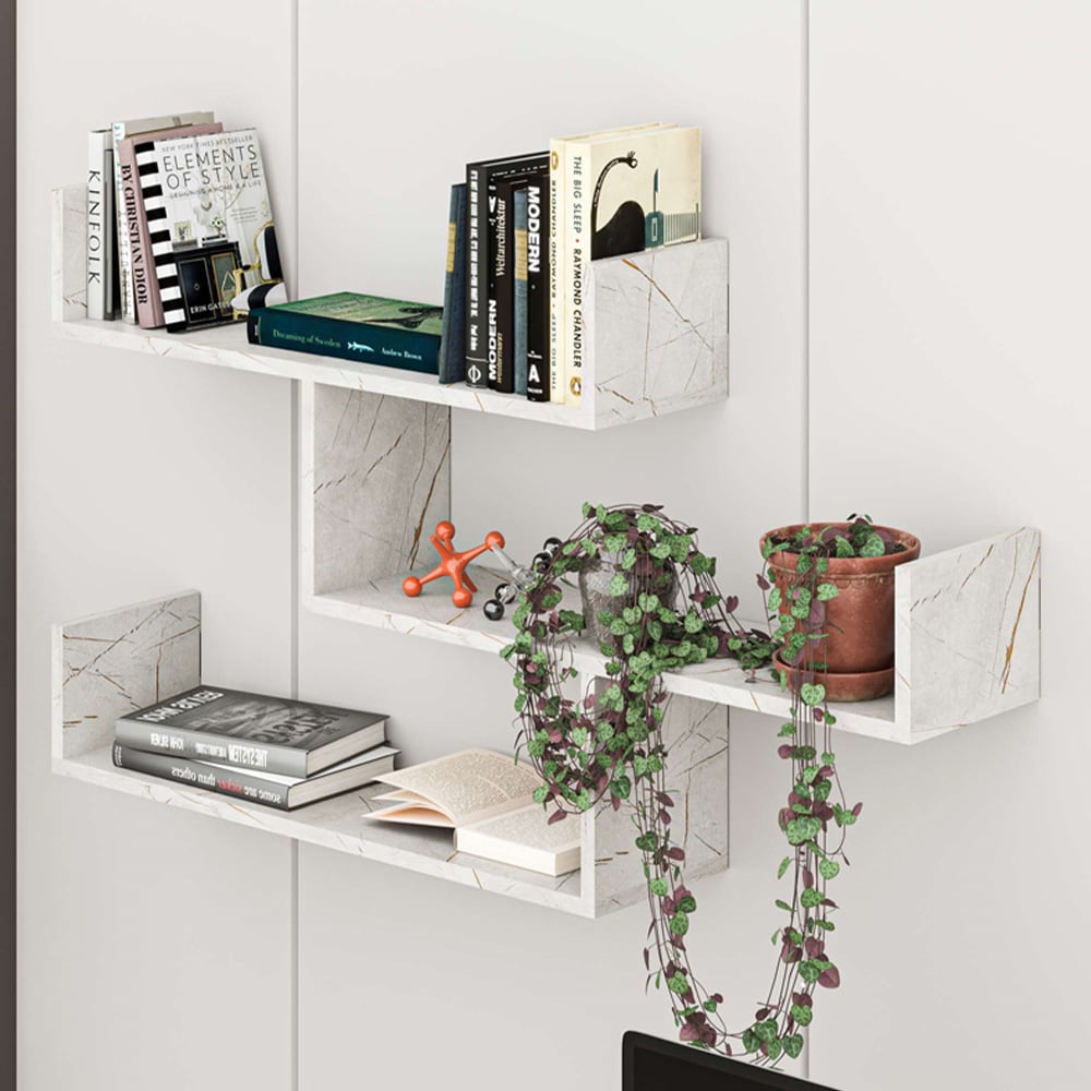 Decortie Tibet Gold Marble Effect 3 Tier Wall Mounted Bookcase Display Unit Image 1