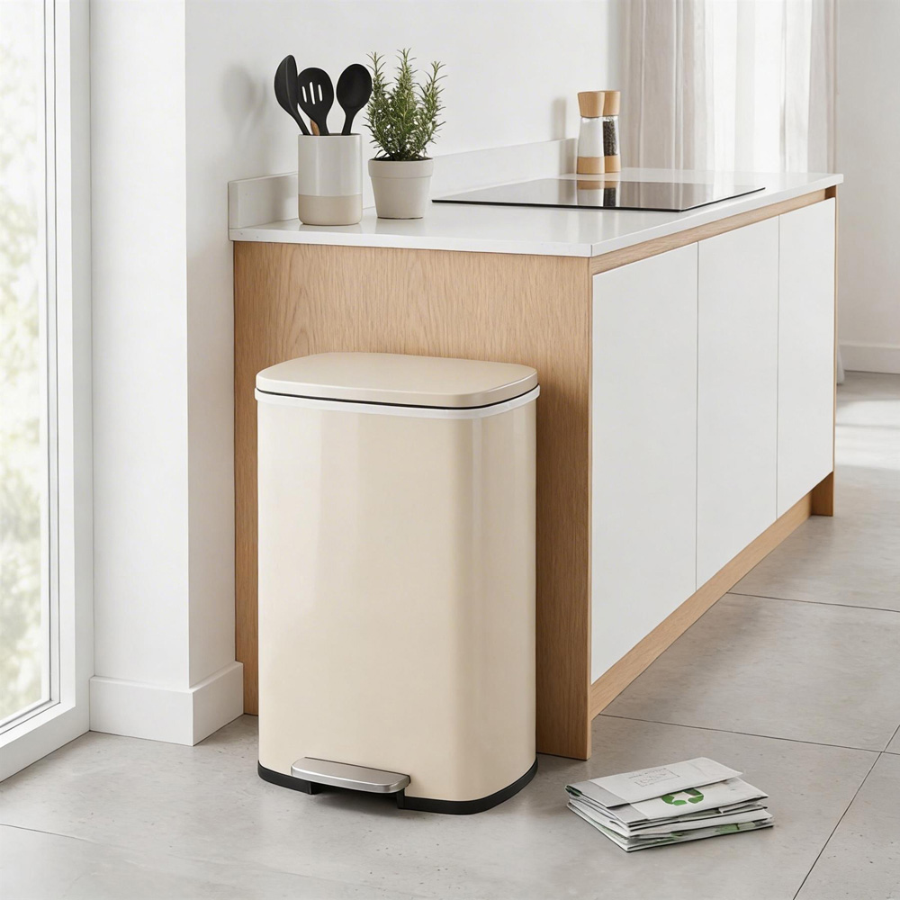 Harbour Housewares Beige Square Stainless Steel Kitchen Pedal Bin 50L Image 2