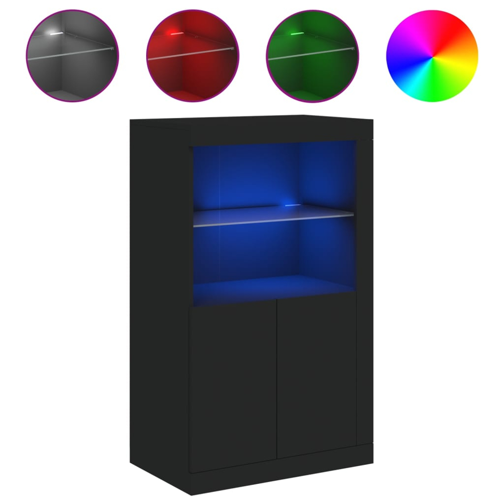 vidaXL 2 Door 2 Shelf Black Side Cabinet with LED Lights Image 9